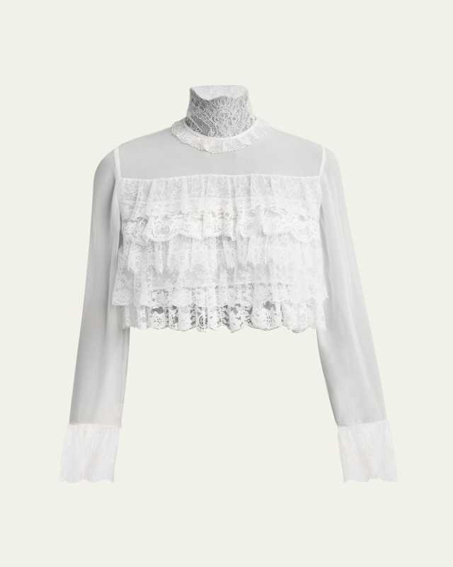 Lace Ruffle Long-Sleeve Silk Crop Top